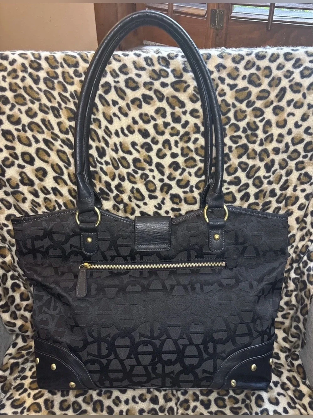 Etienne Aigner Black Turn lock Signature Jacquard/Leather Satchel/Shoulder/Tote